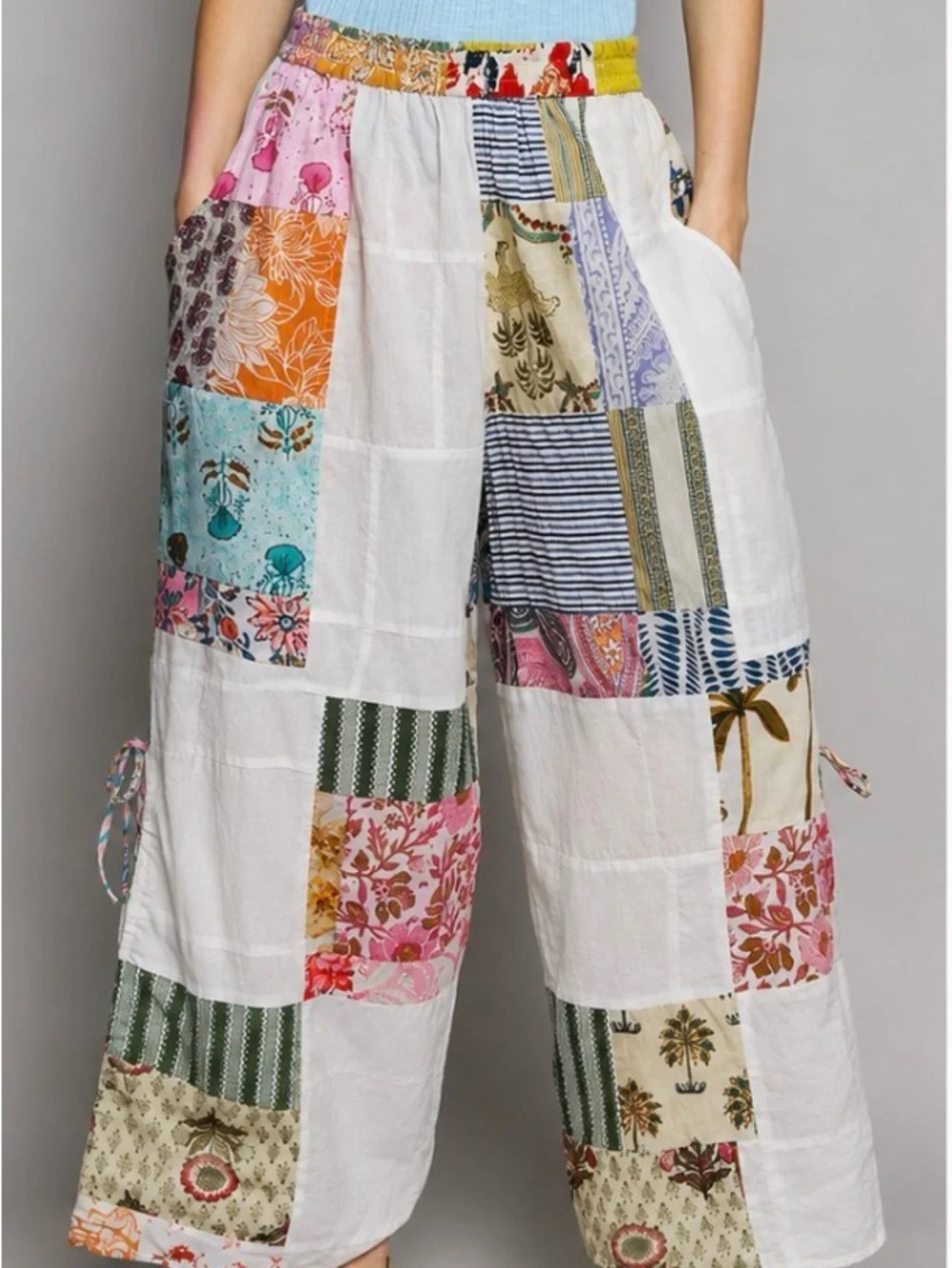 POL Printed Patchwork Wide Leg Pants with Adjustable Side Drawstring NWT - Picture 2 of 3